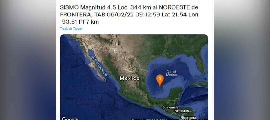 Se registra sismo de 4.5 al noreste de Frontera; no se reportan daños