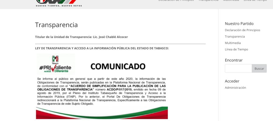 “Presume” PRI Tabasco estar en el top ten de transparencia… pero su portal no está actualizado