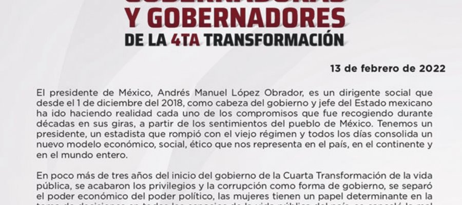 Sheinbaum y gobernadores morenistas del país muestran su respaldo a AMLO