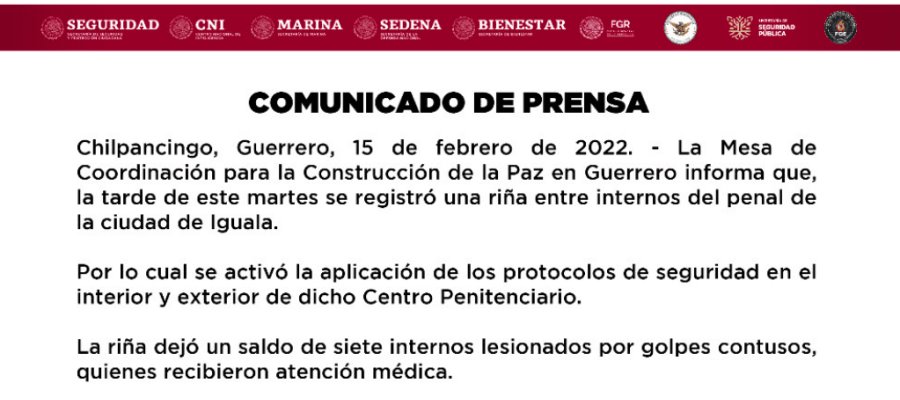 Riña en penal de Iguala, Guerrero, deja 7 internos lesionados