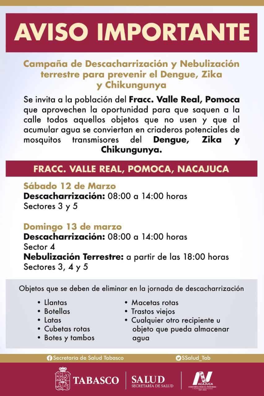 Anuncian jornada de descacharrización y nebulización en Pomoca