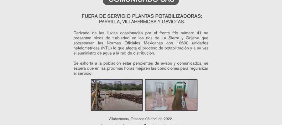 Por turbiedad, suspenden servicio de potabilizadoras Parrilla, Villahermosa y Gaviotas
