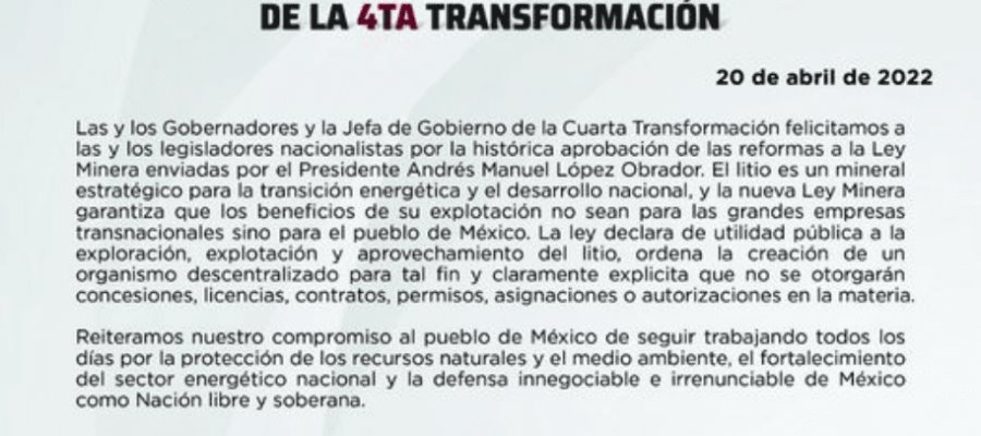 Gobernadores de la 4T refrendan apoyo a AMLO tras aprobación de reformas sobre el litio