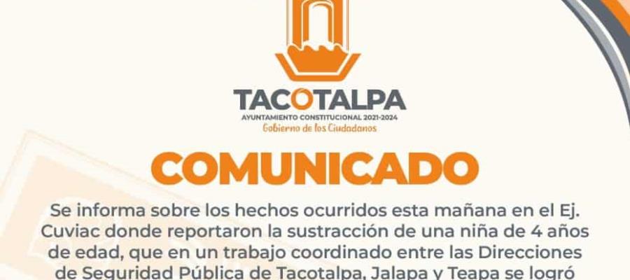 Pide ayuntamiento de Tacotalpa no difundir información falsa tras rapto de una menor