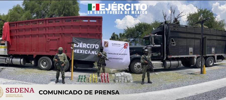 Decomisa Sedena dos camiones con 300 kilos de cocaína en Tamaulipas