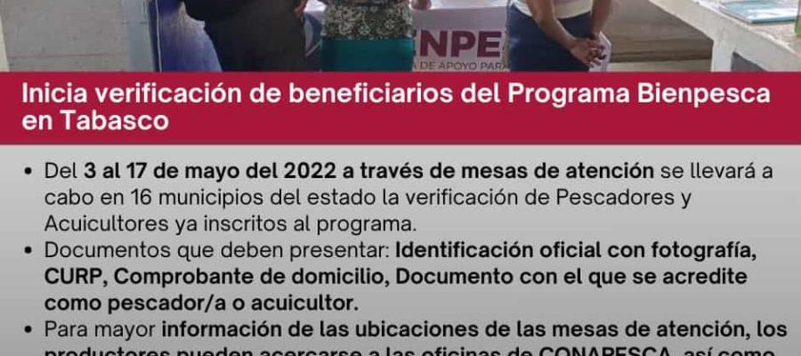 Arranca en Tabasco verificación de más de 14 mil beneficiarios del programa Bienpesca