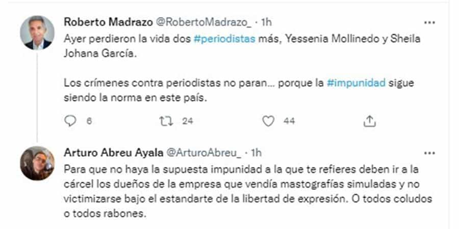 “Chocan” en redes Roberto Madrazo y Arturo Abreu, por críticas al asesinato de periodistas e impunidad