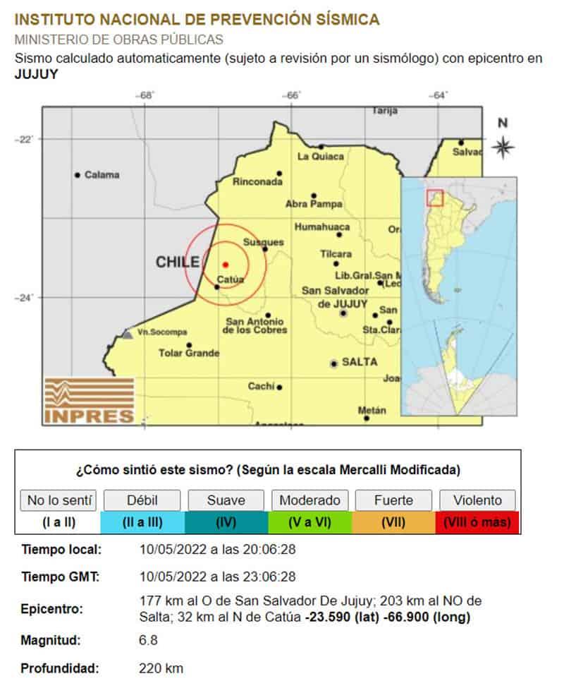 Se registra sismo de magnitud 6.8 en la frontera entre Chile y Argentina