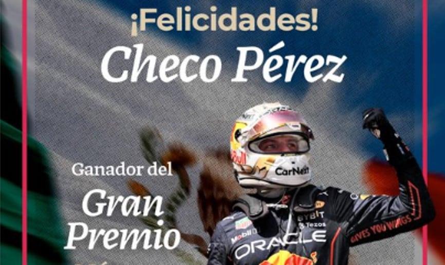 Felicita Gobierno de México a Checo Pérez, pero lo confunde con Max Verstappen