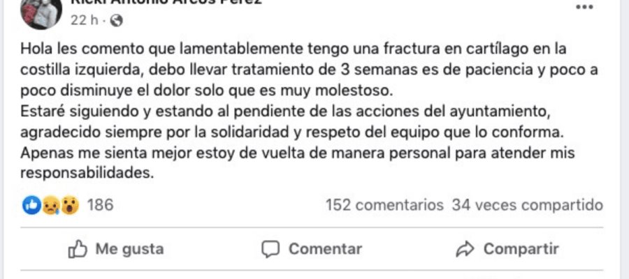 Reporta edil de Tacotalpa fractura de costilla