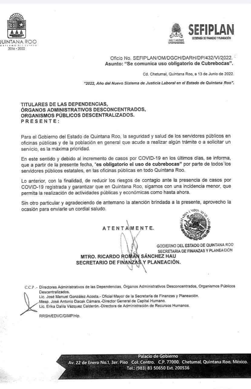 Vuelve el uso obligatorio del cubrebocas para burócratas de Quintana Roo