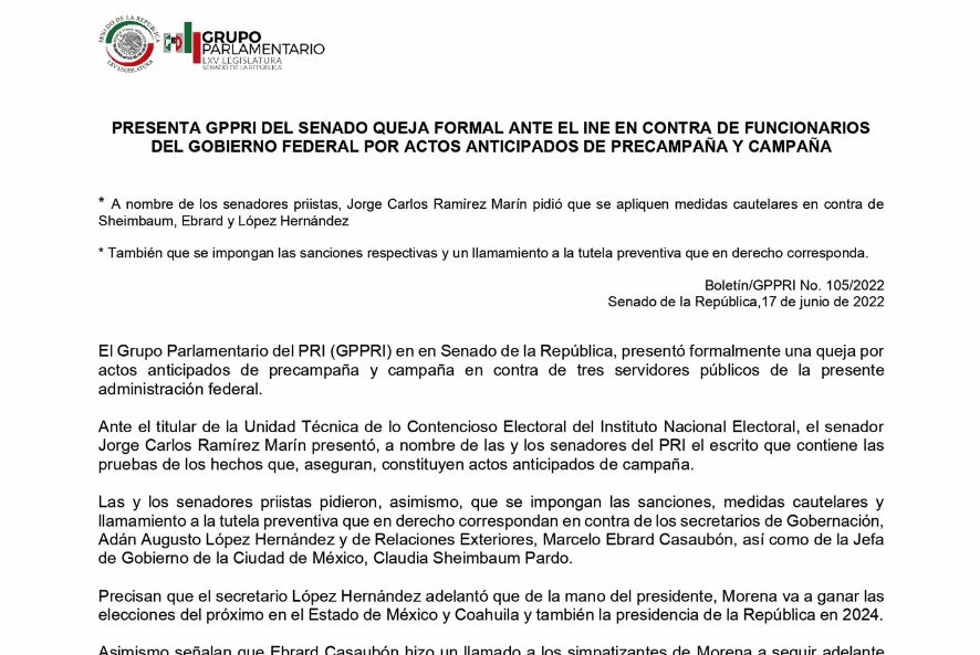 Senadores del PRI interponen queja ante el INE contra funcionarios, por campaña anticipada