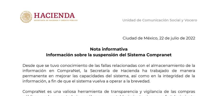 Se restablecerá CompraNet aunque se modernizará dice SHCP luego de suspensión por fallas técnicas