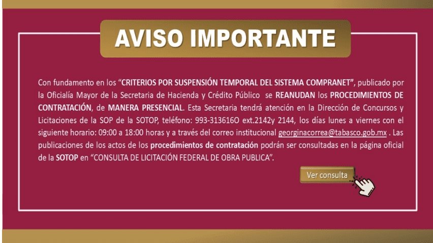 Luego de suspensión en Compranet, Sotop reanuda contratación pública de manera presencial