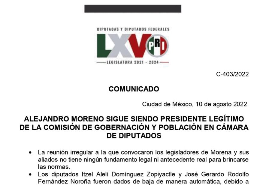 Convocatoria de Morena a sesión de Comisión de Gobernación es ilegal, asegura “Alito” Moreno