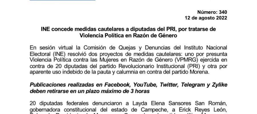 Pide INE a Layda Sansores y a Morena eliminar publicaciones contra diputadas del PRI