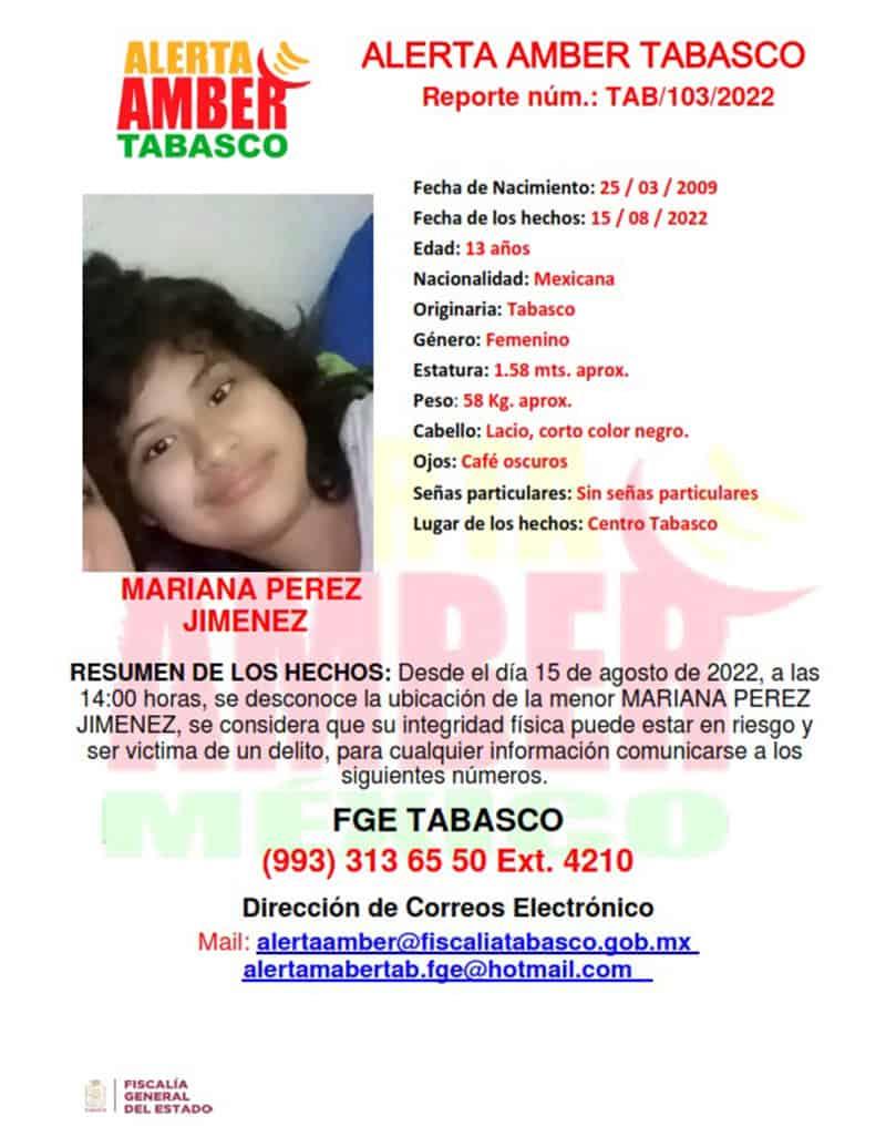 Mariana Pérez desapareció en Tabasco, activan Alerta Amber