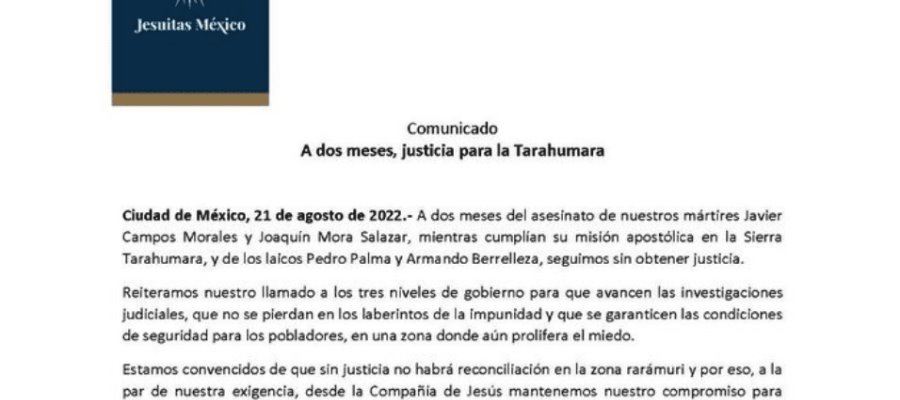 Seguimos sin obtener justicia: Jesuitas a 2 meses de asesinato de Javier Campos y Joaquín Mora