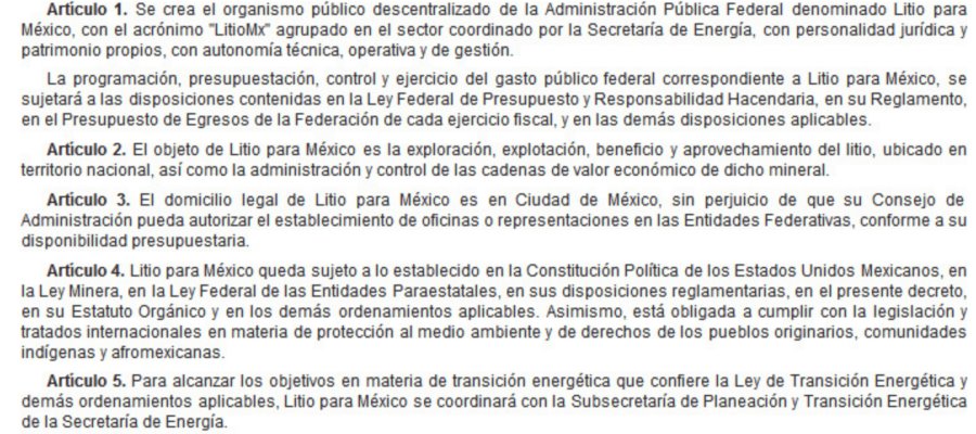 Crean mediante decreto la empresa estatal Litio para México