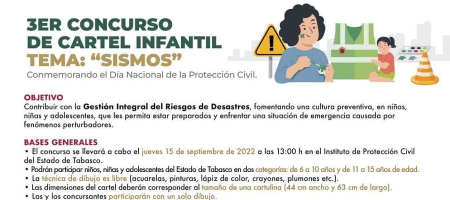 Convoca Protección Civil del estado al tercer concurso de cartel infantil con el tema: “Sismos
