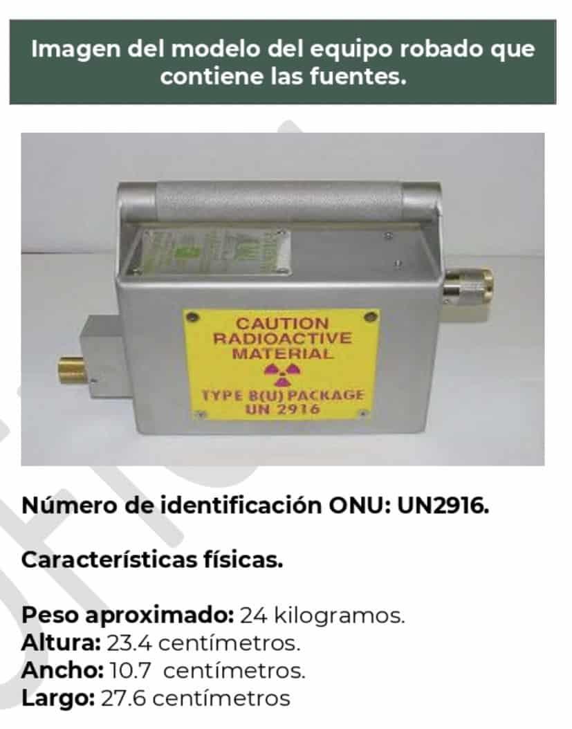 Emiten Alerta por fuente radioactiva robada en Edomex