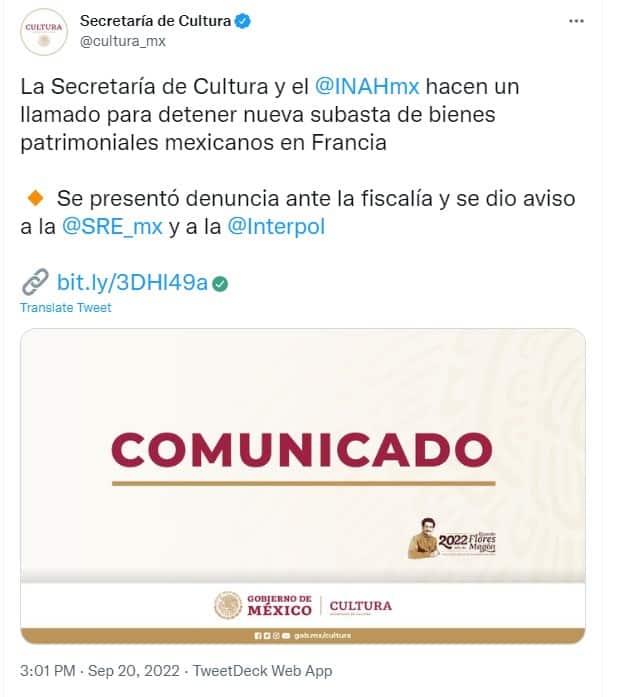 Condenan Cultura e INAH subasta de piezas mexicanas en Francia