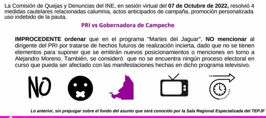 Niega INE medida cautelar contra Layda Sansores por audios de ‘Alito’ Niega INE medida cautelar contra Layda Sansores por audios de ‘Alito’
