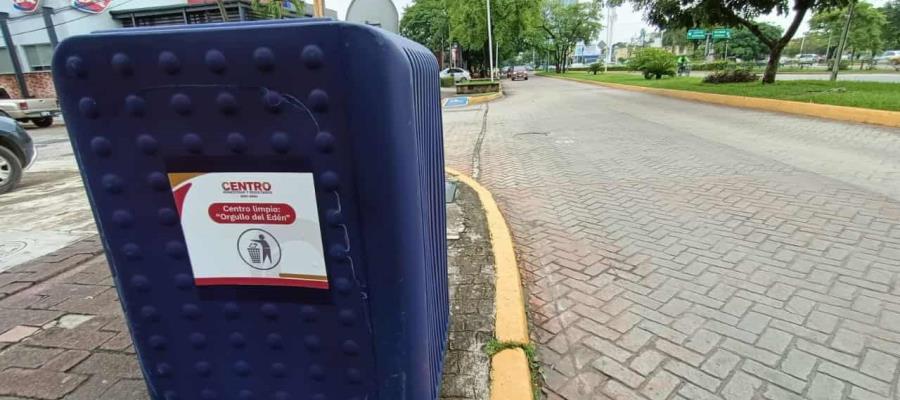 Ecobotes en puntos de Villahermosa, forman parte de la campaña “Centro limpio, Orgullo del Edén”