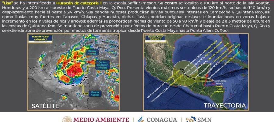 Lisa ya es huracán categoría 1; se localiza cerca de Quintana Roo