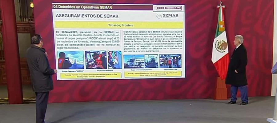 Aseguran en Tabasco 108 mil litros de combustible ilegal en puertos de Frontera y Dos Bocas
