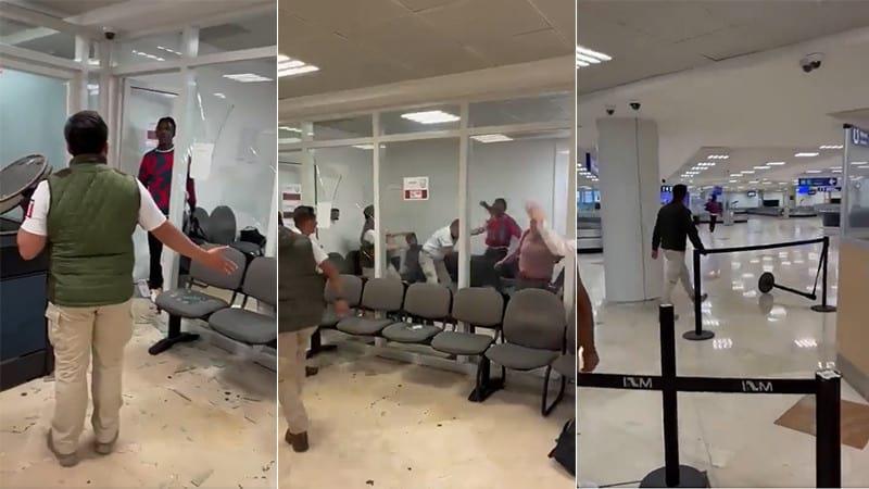 Migrante causa destrozos y amenaza a agentes del INM en Aeropuerto de Cancún