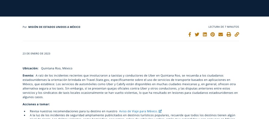 Embajada de Estados Unidos en México emite Alerta de Viaje a Quintana Roo por violencia de taxistas Embajada de Estados Unidos en México emite Alerta de Viaje a Quintana Roo por violencia de taxistas