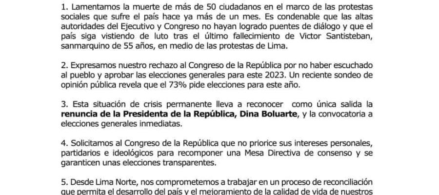 Alcaldes de Lima piden renuncia de la Dina Boluarte