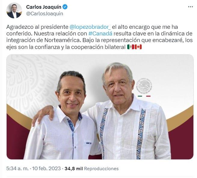 Agradece Carlos Joaquín a AMLO por “alto encargo” como embajador de Canadá