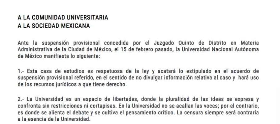 Lamenta UNAM suspensión provisional concedida a Yasmín Esquivel