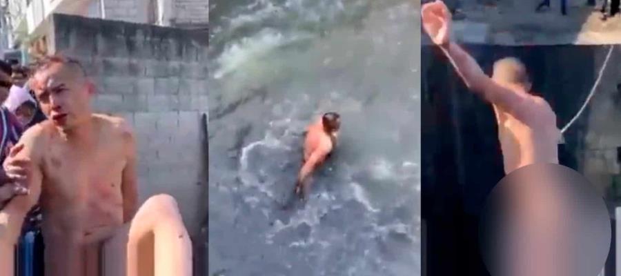 Arrojan desnudo a presunto ladrón a canal de aguas negras, en San Cristóbal de las Casas