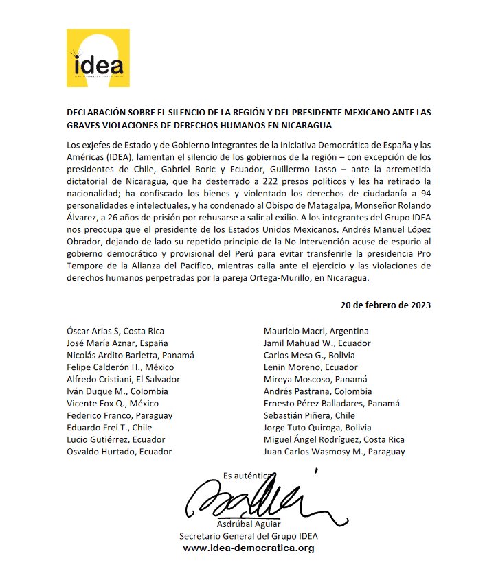 Lamentan ex jefes de Estado silencio de AMLO por “la arremetida dictatorial de Nicaragua”