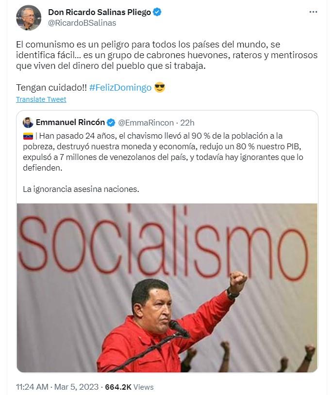 “Rateros y mentirosos”: Advierte Salinas Pliego que el comunismo es un “peligro”