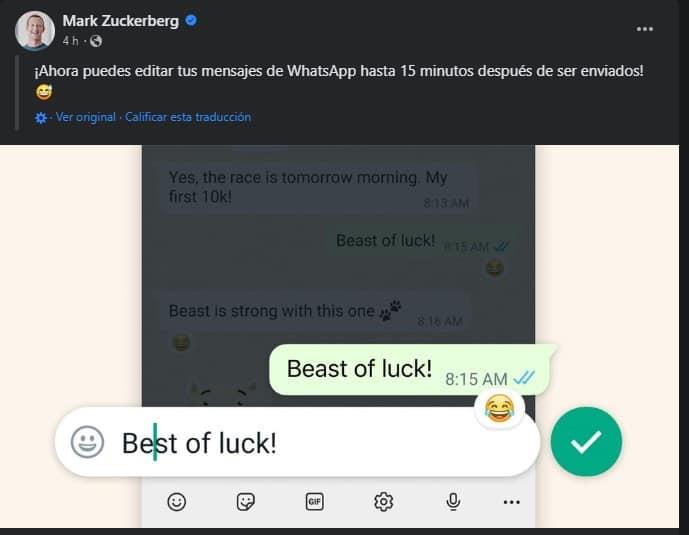 Ya podrás editar mensajes enviados por WhatsApp