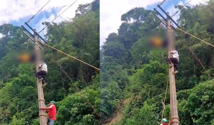 Sujeto recibe descarga eléctrica y queda colgando de poste de CFE, en Tacotalpa