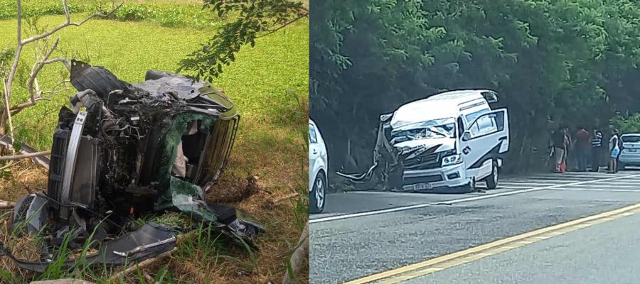 Fuerte choque entre combi de pasajeros y vehículo particular deja varios lesionados en la carretera Frontera- Villahermosa