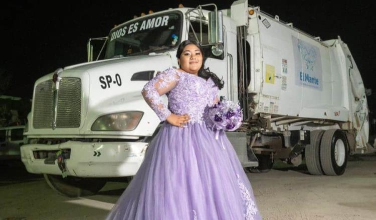 Quinceañera rinde homenaje a su padre y se toma foto en camión recolector de basura