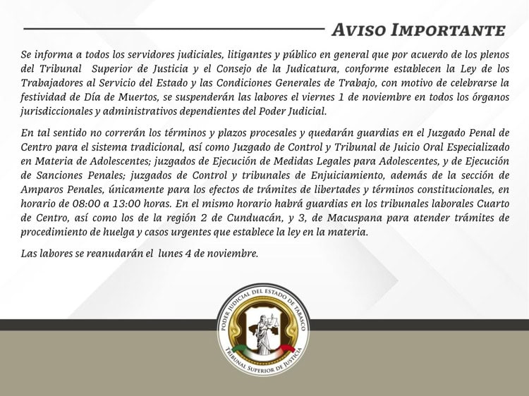 Suspende actividades Poder Judicial de Tabasco por Día de Muertos