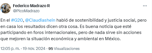 Sheinbaum habló de justicia social en el G20, pero en México, resultados dicen otra cosa: Pico Madrazo