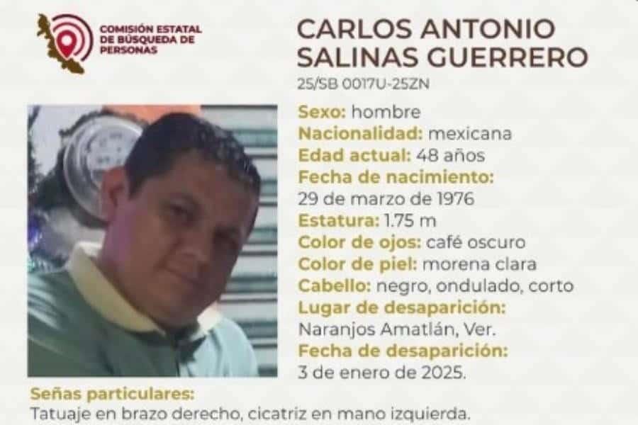 Emiten ficha de localización por líder emecista Carlos Antonio Salinas en Veracruz