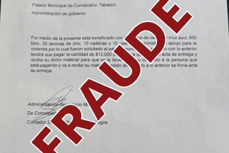 Alerta ayuntamiento de Comalcalco de presunto fraude por sujeto que se hace pasar por funcionario municipal