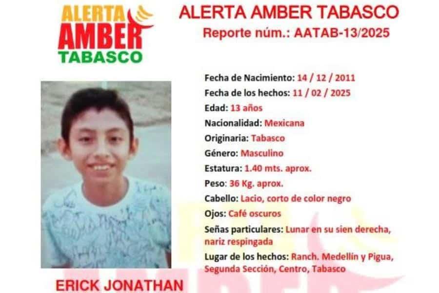 Salió de su casa en Centro y no regresó; buscan a Erick Jonathan de 13 años