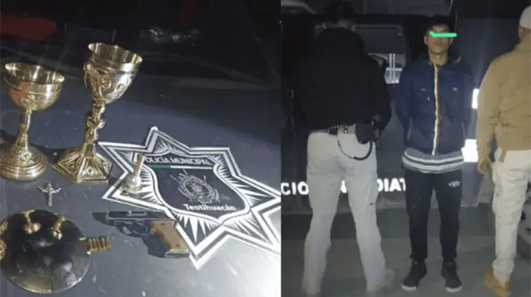 Roba cáliz y campana de iglesia, pero es detenido por Policías Municipales en Edomex