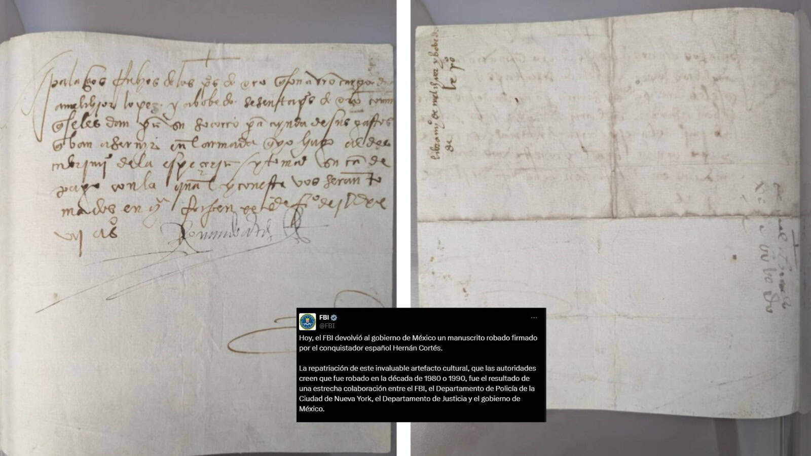 FBI devuelve a México manuscrito de 500 años firmado por Hernán Cortés