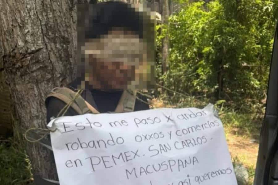 Tablean y amarran a presunto delincuente en Ciudad Pemex, Macuspana
